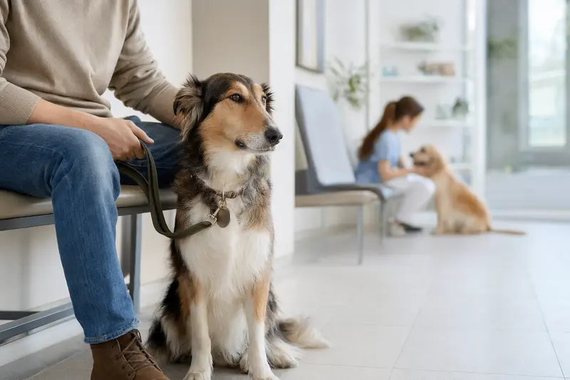 Ein Amerikanischer Collie sitzt entspannt neben seinem Besitzer im modernen Wartezimmer einer Tierarztpraxis.